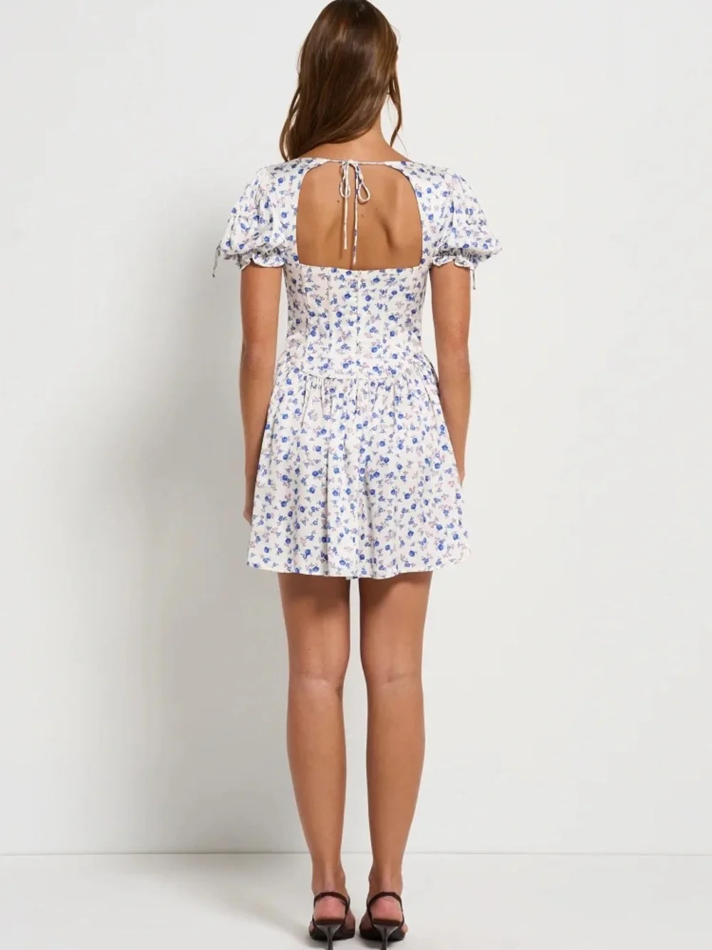 For Love & Lemons Paulina Corset White Mini Dress with Blue Floral Print - M - Picture 6 of 13